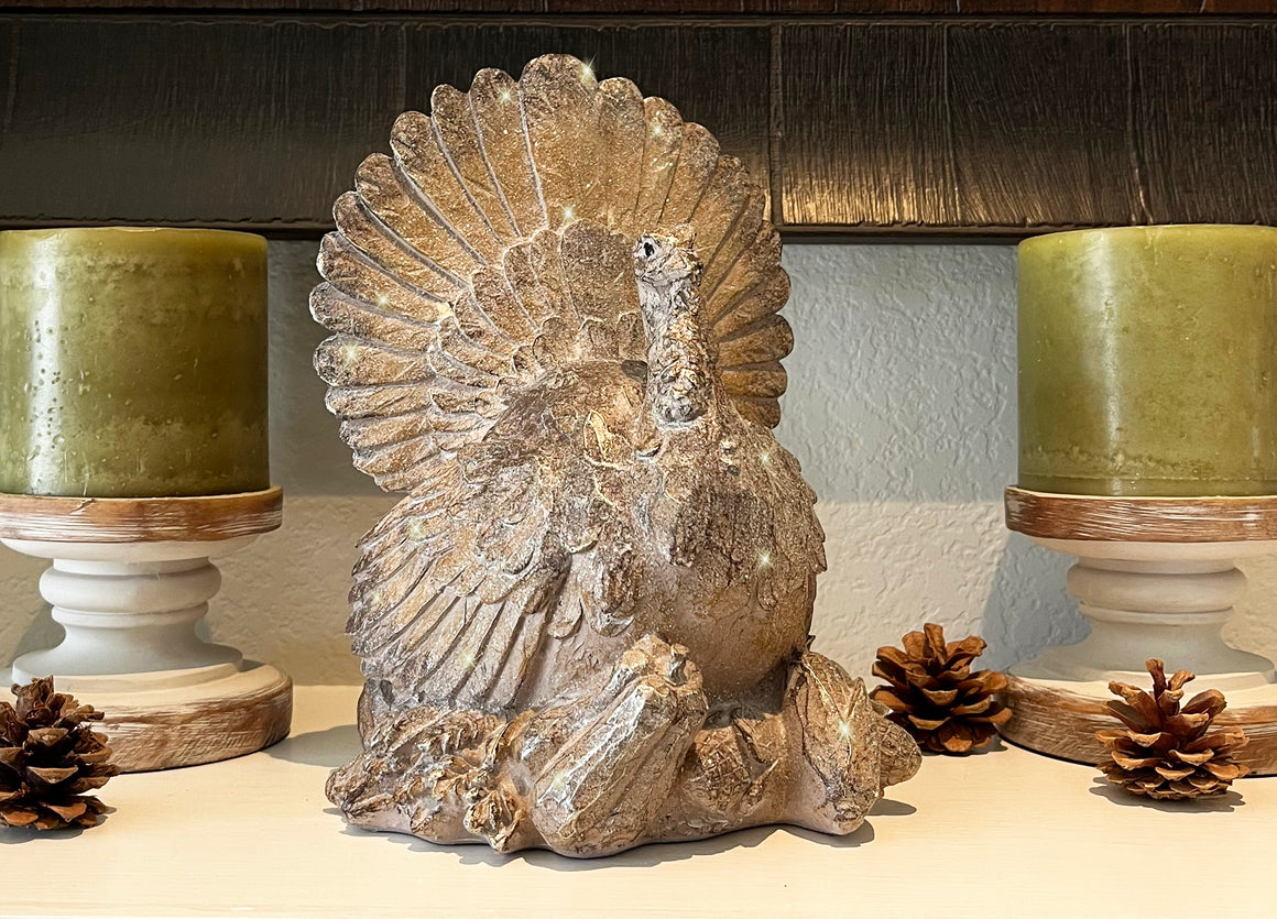 Harvest Sculpted Thanksgiving Turkey Tabletop Centerpiece, 9.5 x 7.5 Inches, Resin with Sparkled Wood Look Finish