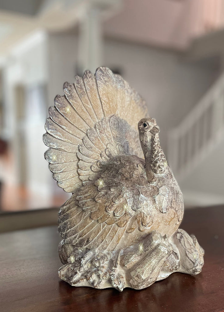 Harvest Sculpted Thanksgiving Turkey Tabletop Centerpiece, 9.5 x 7.5 Inches, Resin with Sparkled Wood Look Finish