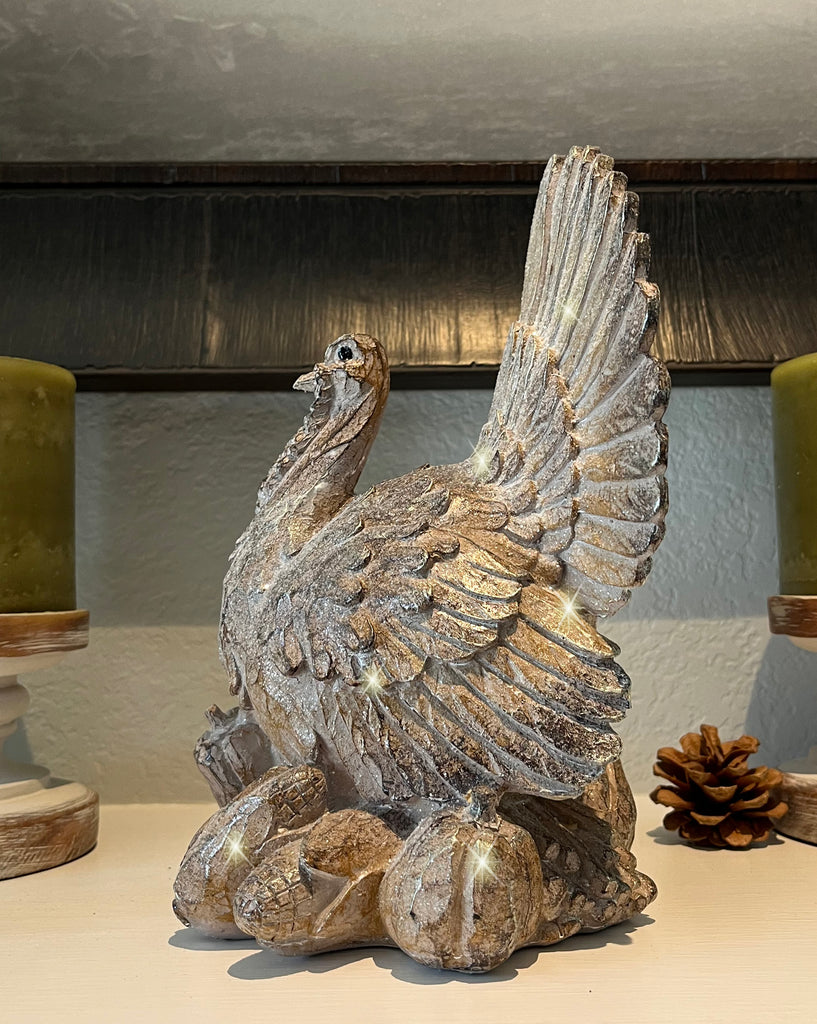 Harvest Sculpted Thanksgiving Turkey Tabletop Centerpiece, 9.5 x 7.5 Inches, Resin with Sparkled Wood Look Finish