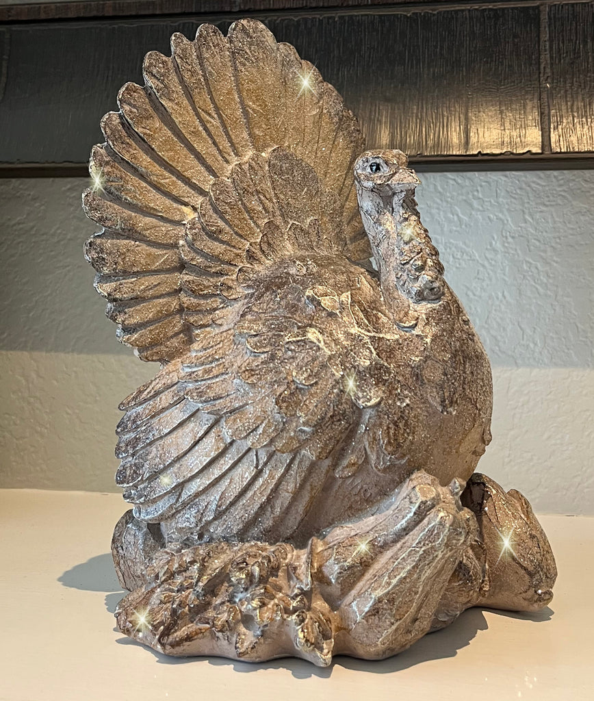 Harvest Sculpted Thanksgiving Turkey Tabletop Centerpiece, 9.5 x 7.5 Inches, Resin with Sparkled Wood Look Finish