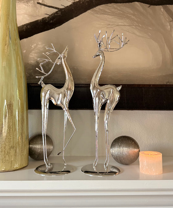 Modern Silver Metal Reindeer Sculptures, Set of 2, 17.5" and 18.5" High, Christmas Deer Decor with Base