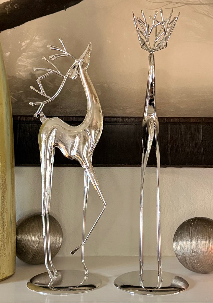 Modern Silver Metal Reindeer Sculptures, Set of 2, 17.5" and 18.5" High, Christmas Deer Decor with Base