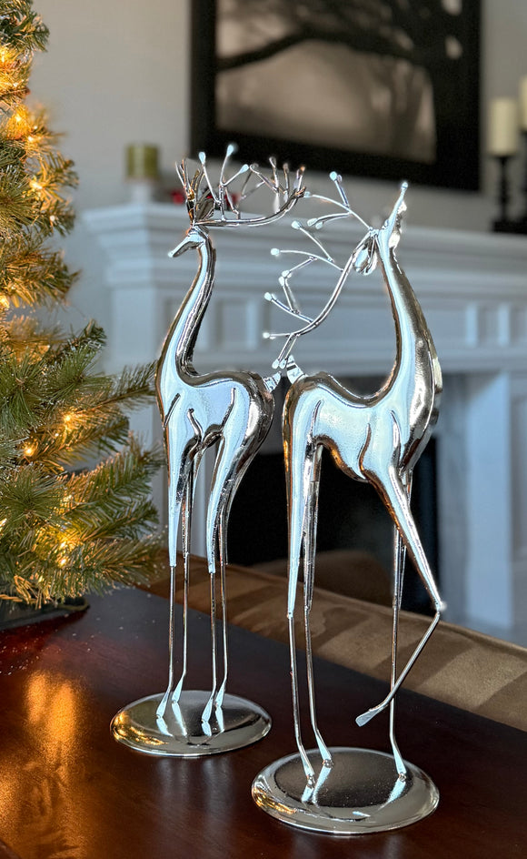 Modern Silver Metal Reindeer Sculptures, Set of 2, 17.5" and 18.5" High, Christmas Deer Decor with Base