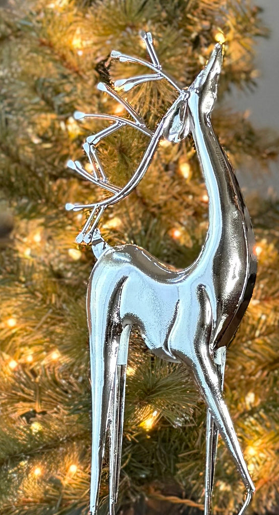 Modern Silver Metal Reindeer Sculptures, Set of 2, 17.5" and 18.5" High, Christmas Deer Decor with Base
