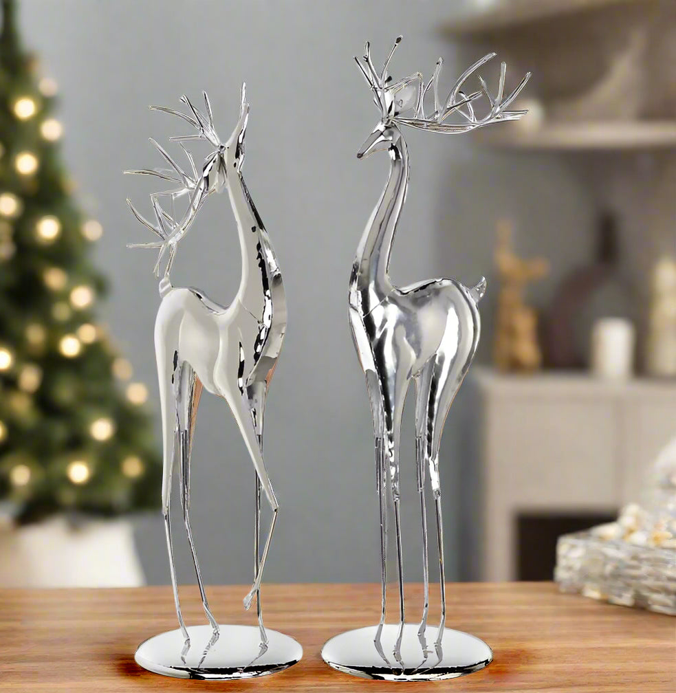 Modern Silver Metal Reindeer Sculptures, Set of 2, 17.5" and 18.5" High, Christmas Deer Decor with Base