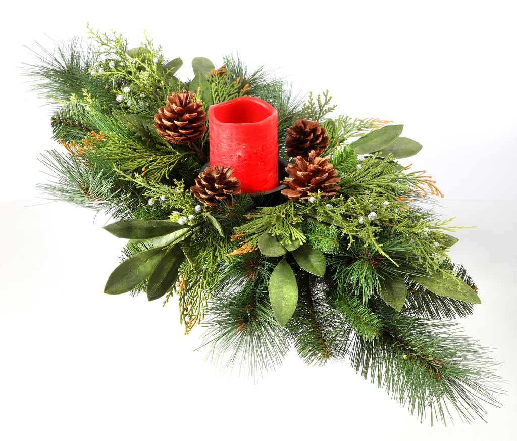 26 Inch Artificial Pine and Cedar Christmas Table Centerpiece with Pillar Candle Holder and Pine Cones