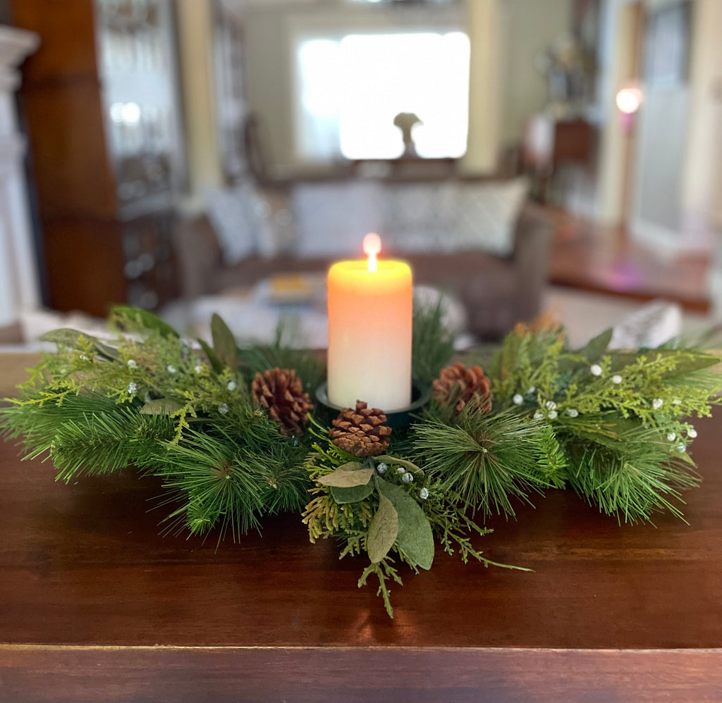 26 Inch Artificial Pine and Cedar Christmas Table Centerpiece with Pillar Candle Holder and Pine Cones