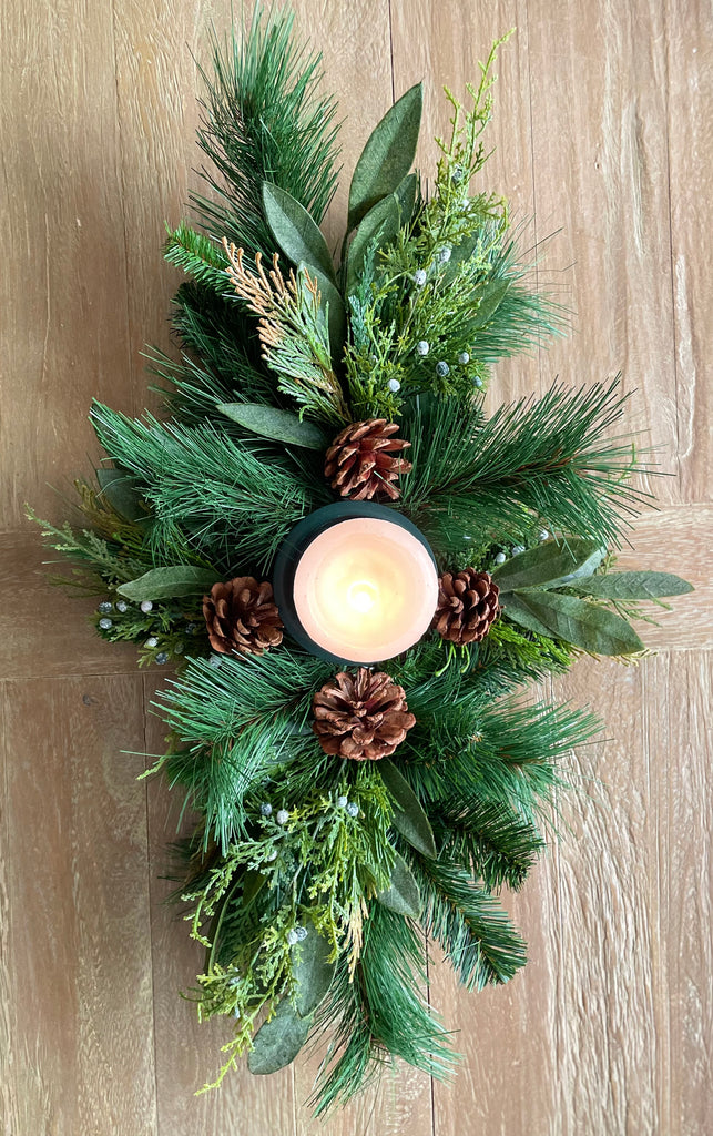 26 Inch Artificial Pine and Cedar Christmas Table Centerpiece with Pillar Candle Holder and Pine Cones