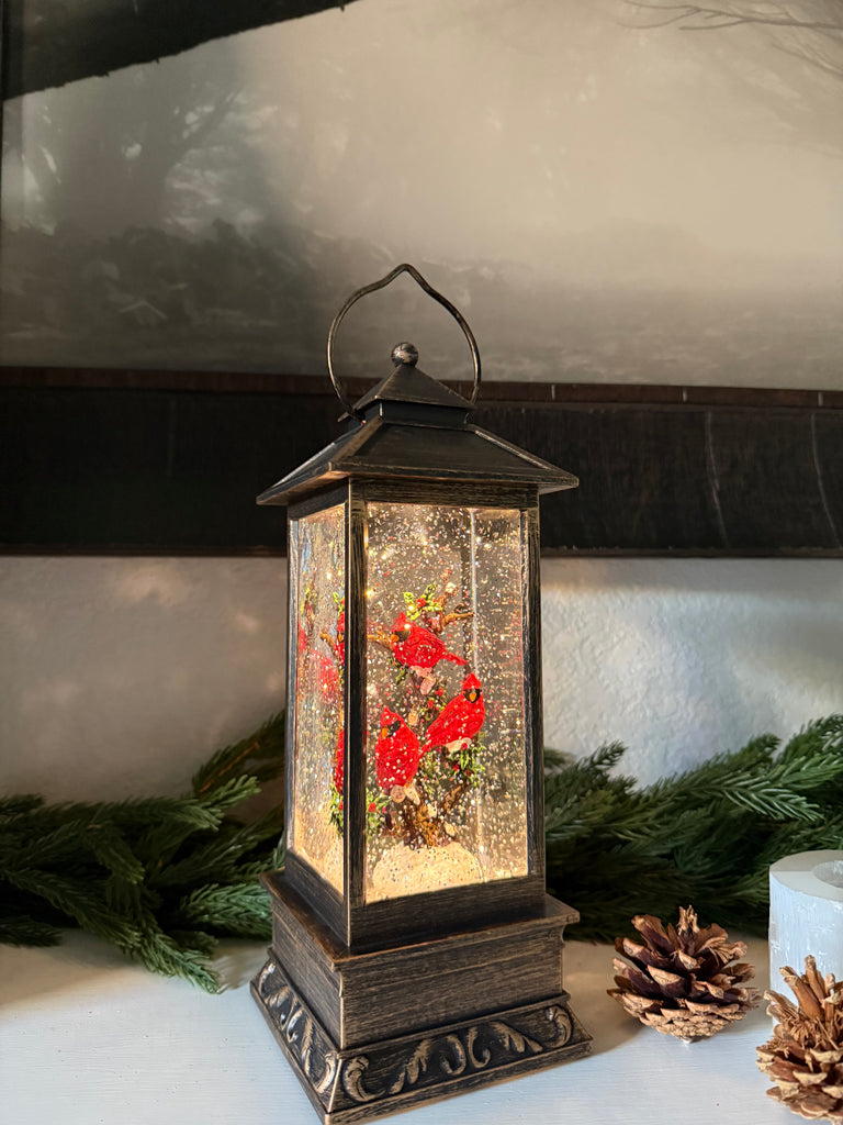 Christmas Cardinal Snow Globe Lantern, 11 Inch, LED Lighted Water Globe with Swirling Glitter, Battery or USB Powered, Bronze Finish