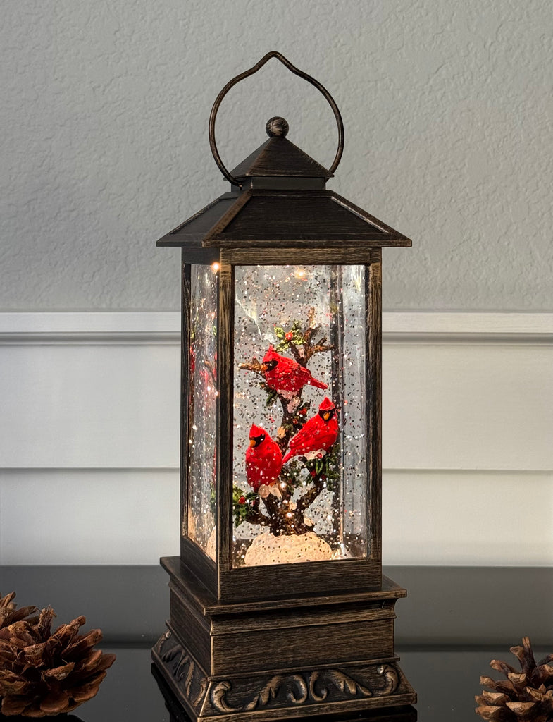 Christmas Cardinal Snow Globe Lantern, 11 Inch, LED Lighted Water Globe with Swirling Glitter, Battery or USB Powered, Bronze Finish