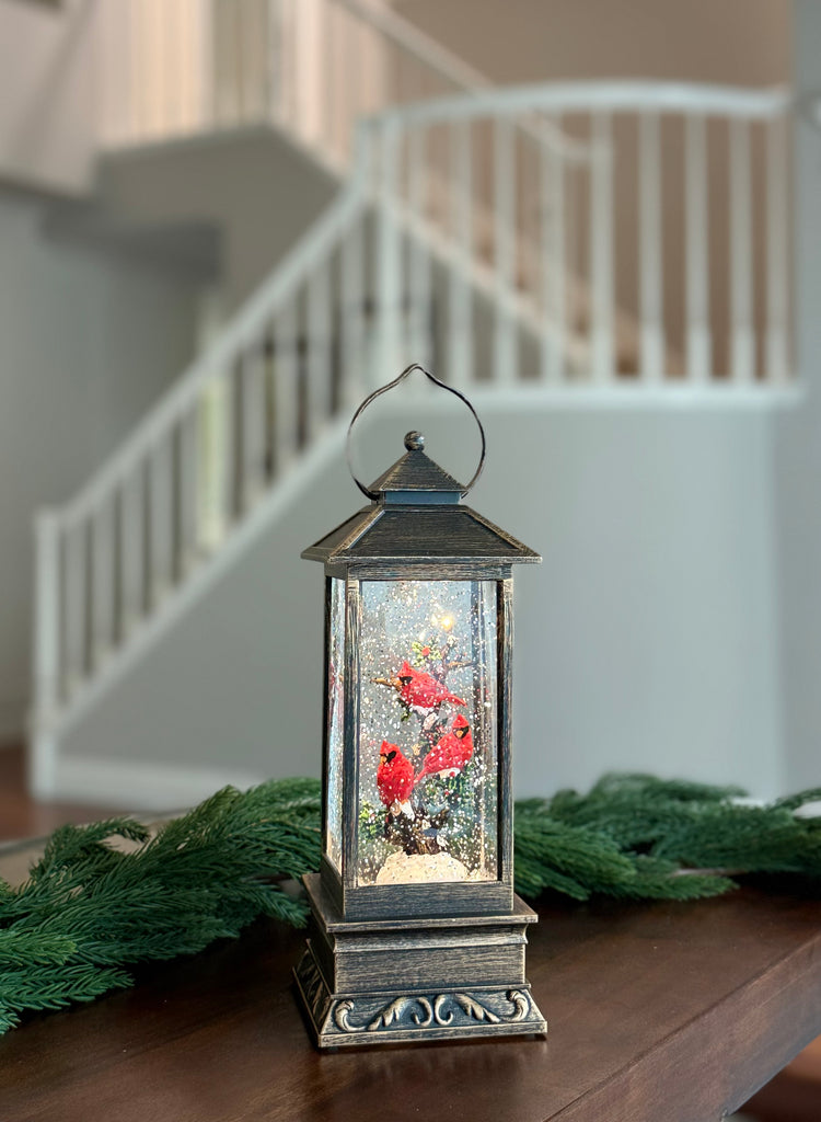 Christmas Cardinal Snow Globe Lantern, 11 Inch, LED Lighted Water Globe with Swirling Glitter, Battery or USB Powered, Bronze Finish