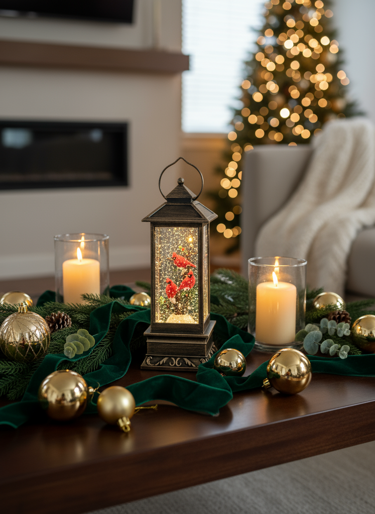 Christmas Cardinal Snow Globe Lantern, 11 Inch, LED Lighted Water Globe with Swirling Glitter, Battery or USB Powered, Bronze Finish