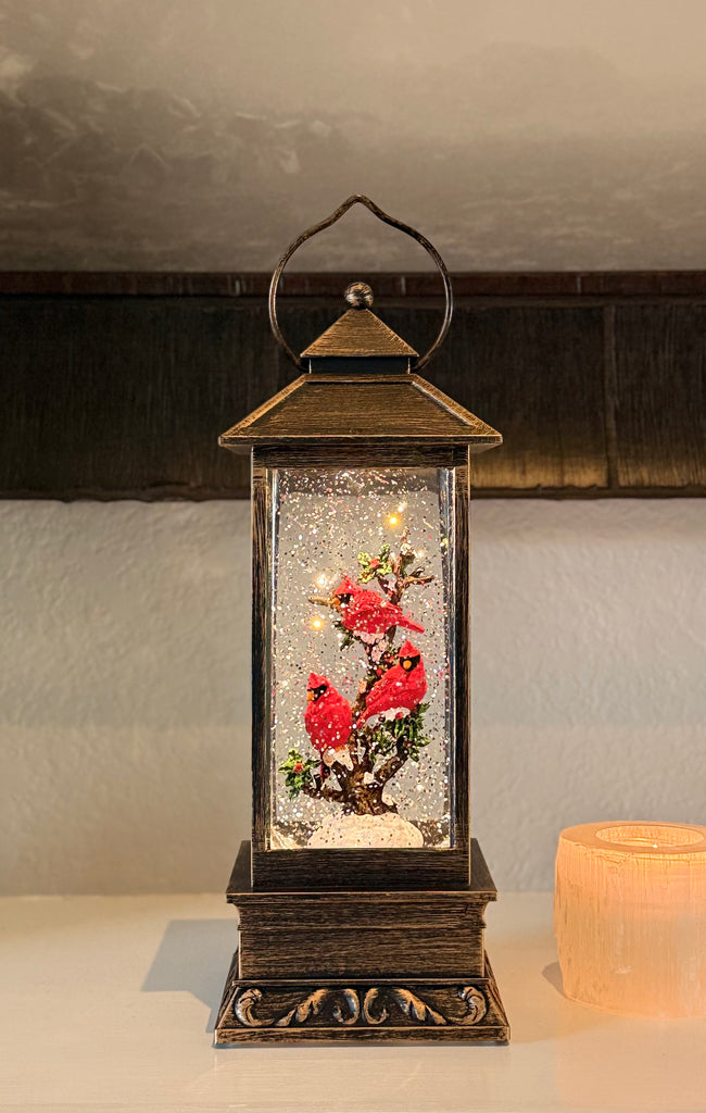Christmas Cardinal Snow Globe Lantern, 11 Inch, LED Lighted Water Globe with Swirling Glitter, Battery or USB Powered, Bronze Finish
