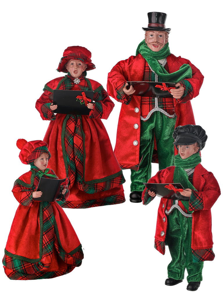 Set of 4 Dickens Family Christmas Carolers in Red and Green with Tartan Plaid Trim 13 to 16 Inches High - Large Christmas Display