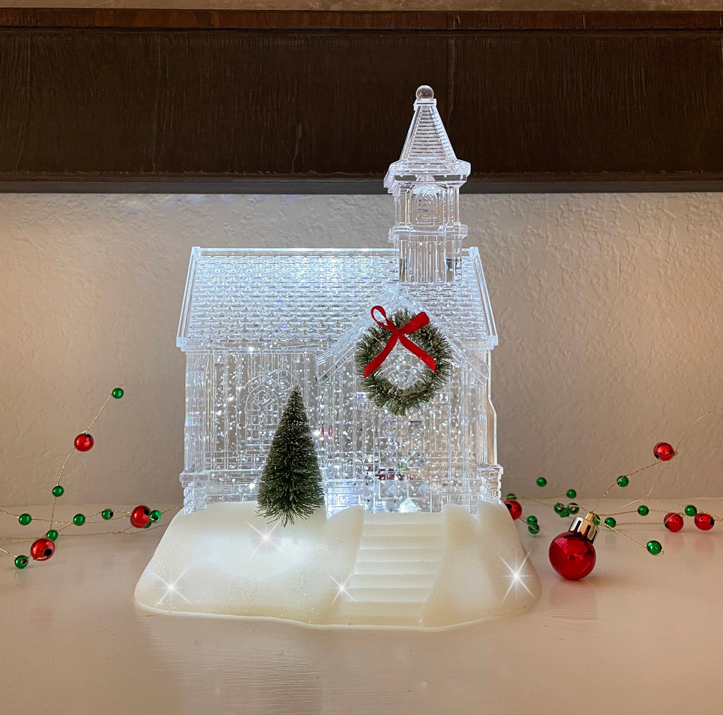 Lighted Christmas Snow Globe Church Meeting House with Timer and Glittered Swirling Snow, 9 Inches High Battery Operated, Clear Water Lantern with Wreath and Tree, USB Power Optional Cord Included
