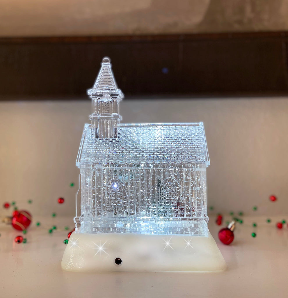 Lighted Christmas Snow Globe Church Meeting House with Timer and Glittered Swirling Snow, 9 Inches High Battery Operated, Clear Water Lantern with Wreath and Tree, USB Power Optional Cord Included