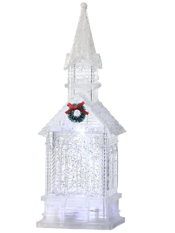 Lighted Christmas Snow Globe Church and Meeting House with Timer and Swirling Snow, 11 Inches High Battery Operated, Clear Water Lantern with Wreath, Glittered Snow Effect, USB Power Optional Cord