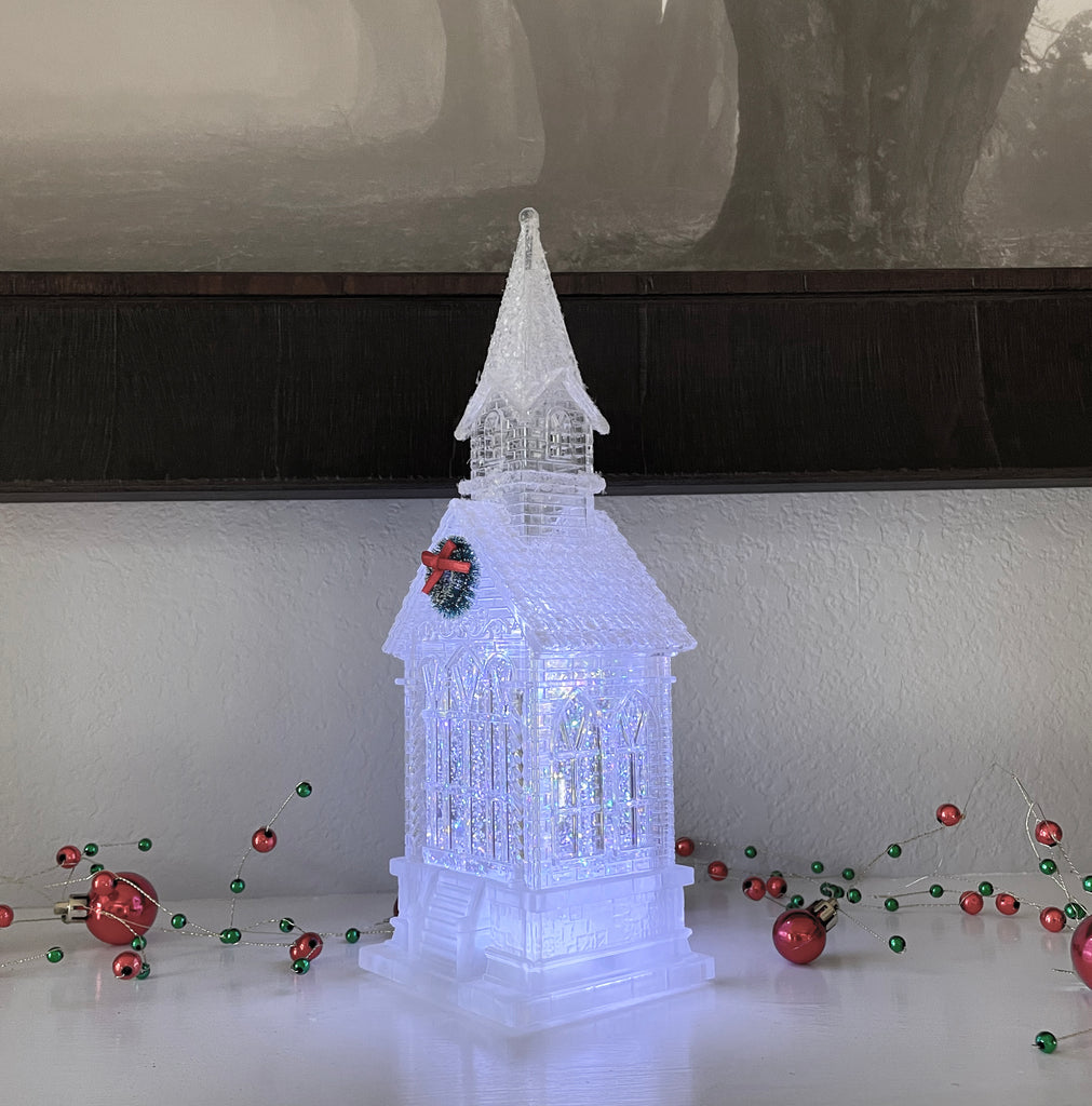 Lighted Christmas Snow Globe Church and Meeting House with Timer and Swirling Snow, 11 Inches High Battery Operated, Clear Water Lantern with Wreath, Glittered Snow Effect, USB Power Optional Cord