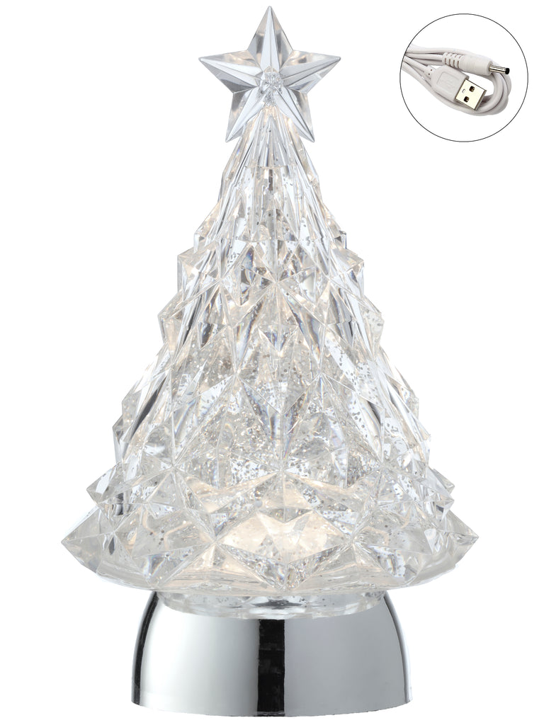 Christmas Tree Snow Globe Water Lantern in Faceted Crystal Look Acrylic - Water Lantern with Swirling Glitter Snow and Star Topper, 9 Inches High x 5 Inches Wide, Battery Operated with Timer, USB Power Optional Cord Included
