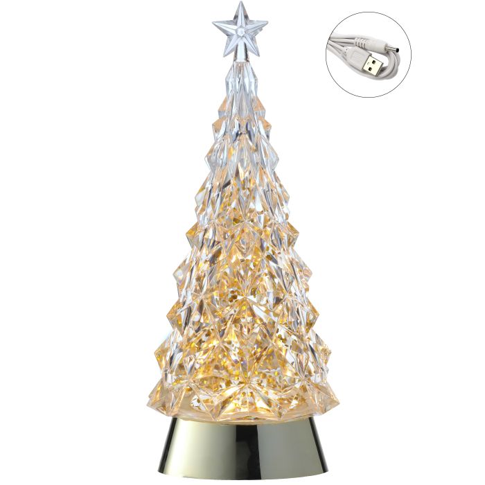 LED Crystal Look Christmas Tree Water Lantern with Timer, 11 Inch, Gold Base with Gold Glitter, USB or Battery Powered