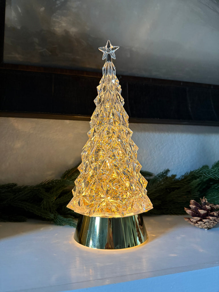 LED Crystal Look Christmas Tree Water Lantern with Timer, 11 Inch, Gold Base with Gold Glitter, USB or Battery Powered