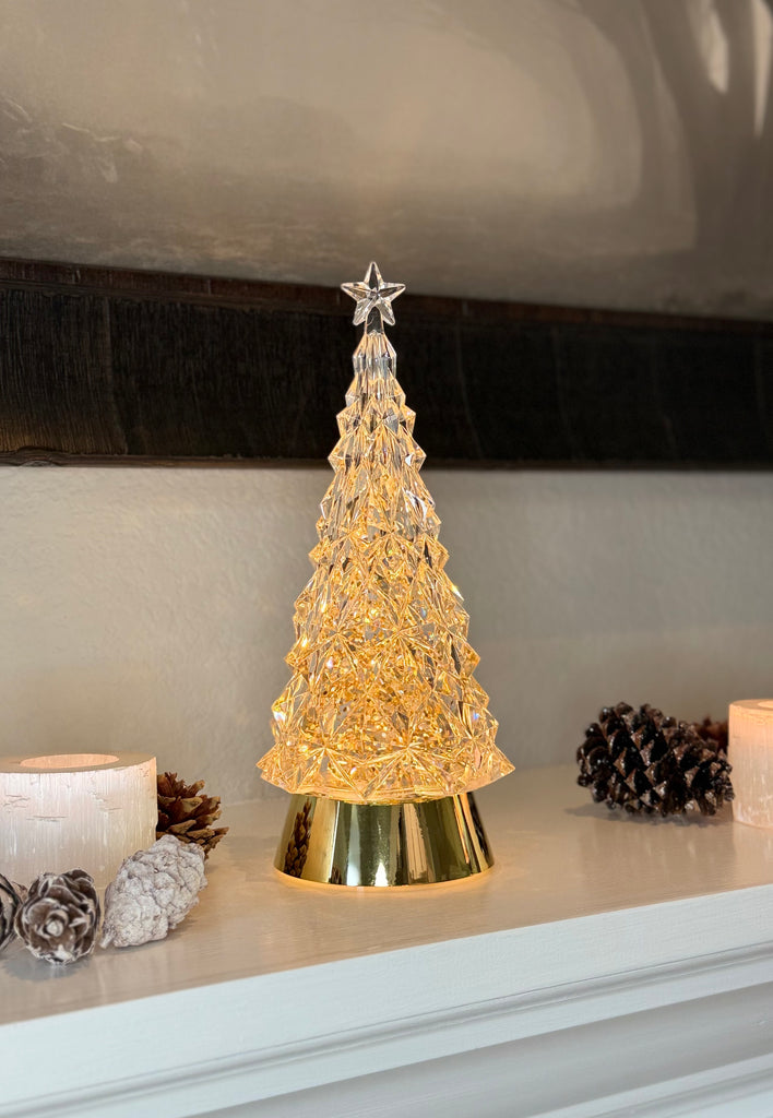 LED Crystal Look Christmas Tree Water Lantern with Timer, 11 Inch, Gold Base with Gold Glitter, USB or Battery Powered