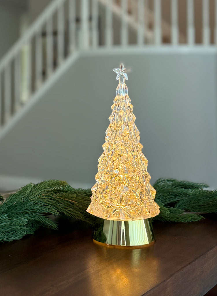 LED Crystal Look Christmas Tree Water Lantern with Timer, 11 Inch, Gold Base with Gold Glitter, USB or Battery Powered