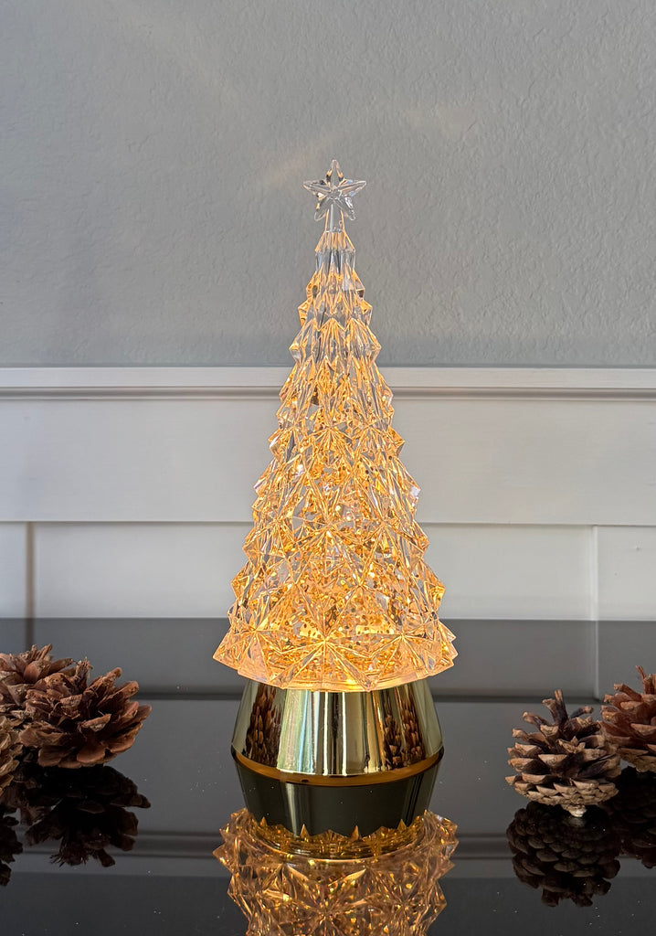 LED Crystal Look Christmas Tree Water Lantern with Timer, 11 Inch, Gold Base with Gold Glitter, USB or Battery Powered