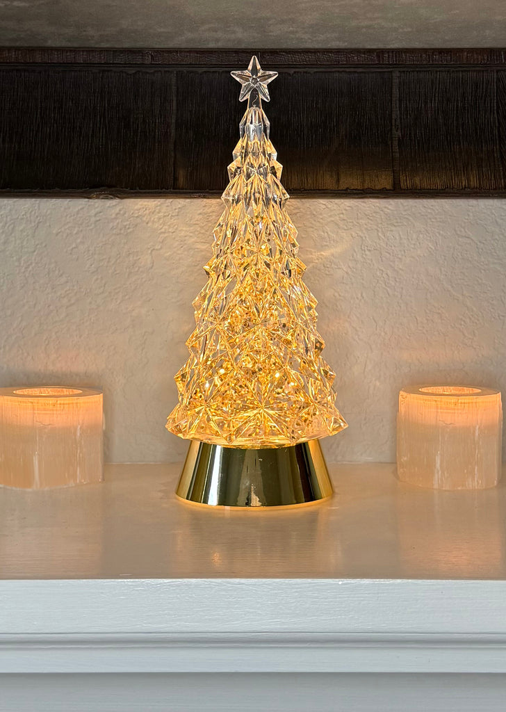 LED Crystal Look Christmas Tree Water Lantern with Timer, 11 Inch, Gold Base with Gold Glitter, USB or Battery Powered
