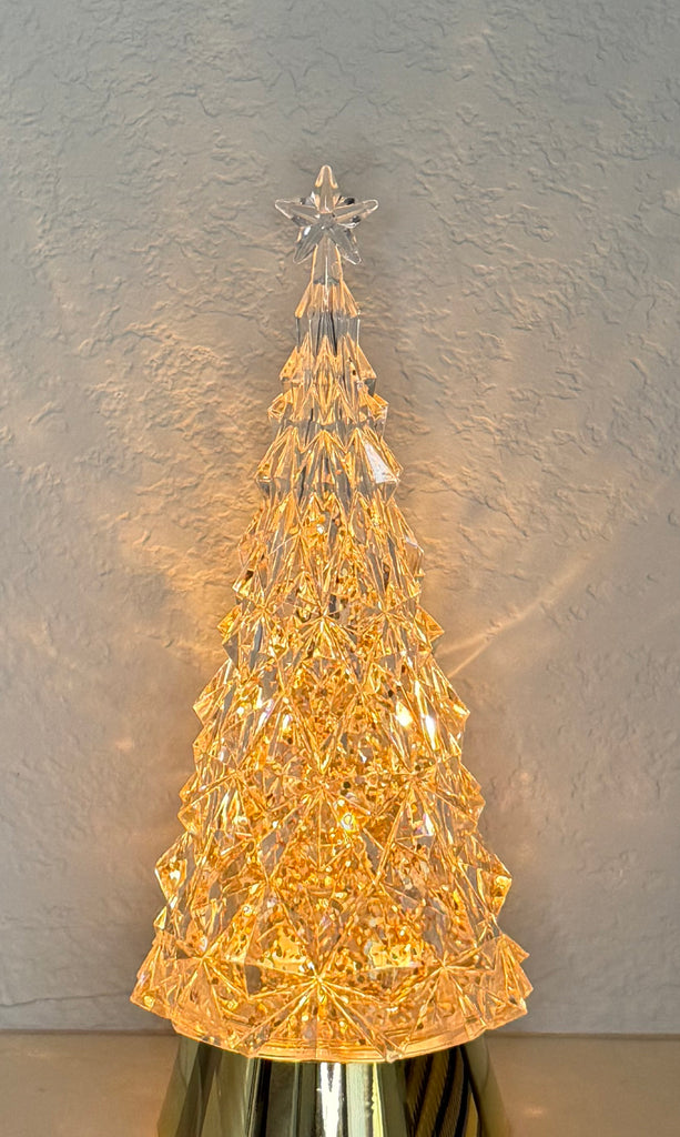 LED Crystal Look Christmas Tree Water Lantern with Timer, 11 Inch, Gold Base with Gold Glitter, USB or Battery Powered