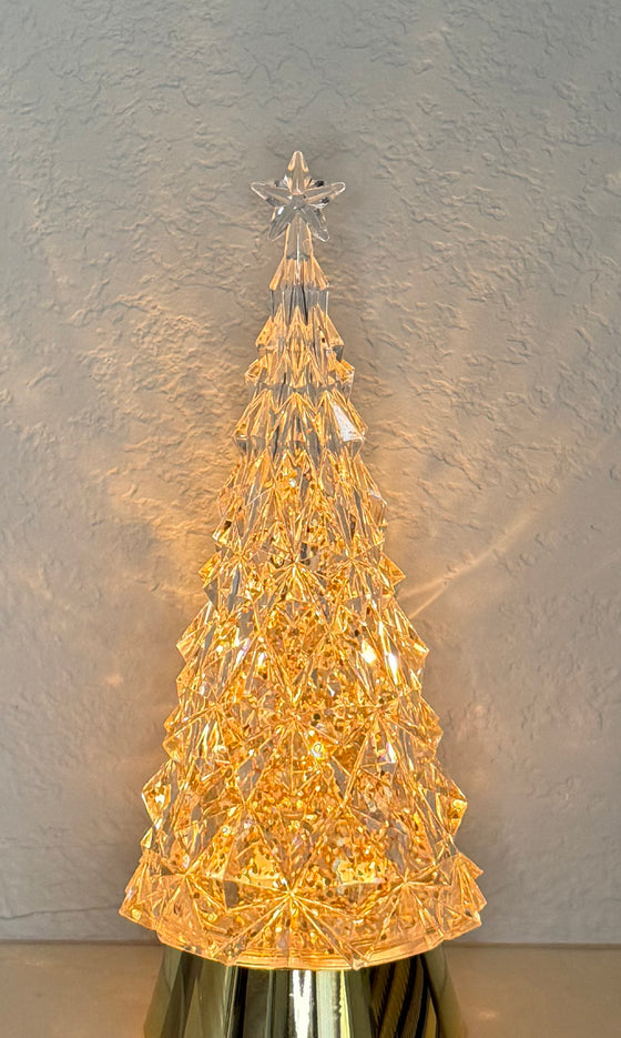 LED Crystal Look Christmas Tree Water Lantern with Timer, 11 Inch, Gold Base with Gold Glitter, USB or Battery Powered