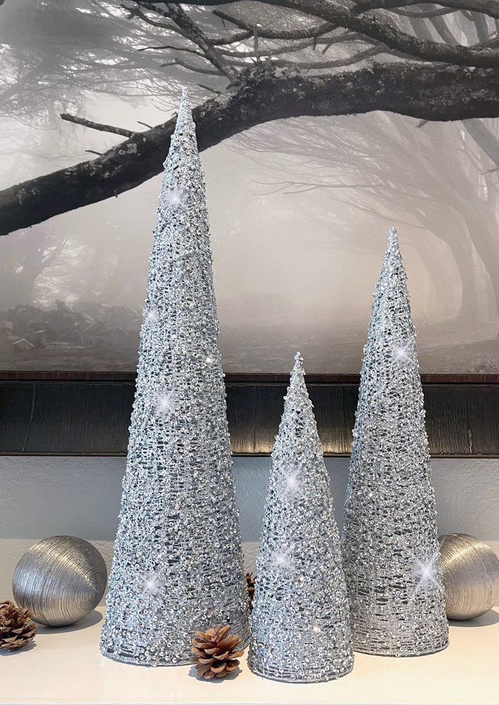 Set of 3 Silver Glittered and Sequined Sparkling Mesh Christmas Topiary Cone Trees, 24 Inches, 17.5 Inches, 12.25 Inches High