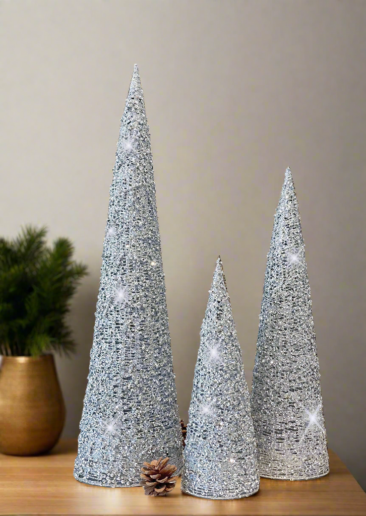 Set of 3 Silver Glittered and Sequined Sparkling Mesh Christmas Topiary Cone Trees, 24 Inches, 17.5 Inches, 12.25 Inches High