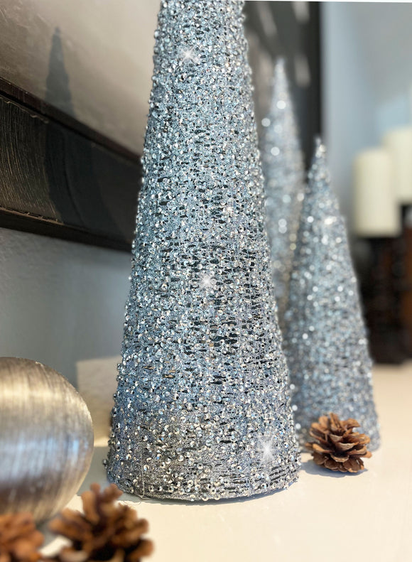 Set of 3 Silver Glittered and Sequined Sparkling Mesh Christmas Topiary Cone Trees, 24 Inches, 17.5 Inches, 12.25 Inches High