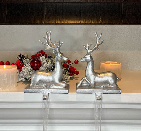 TenWaterloo Silver Sparkled Christmas Reindeer Stocking Holders, Set of 2, 6.5 Inches High