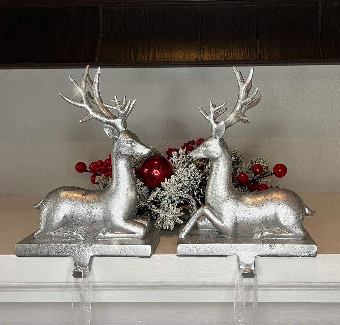 TenWaterloo Silver Sparkled Christmas Reindeer Stocking Holders, Set of 2, 6.5 Inches High