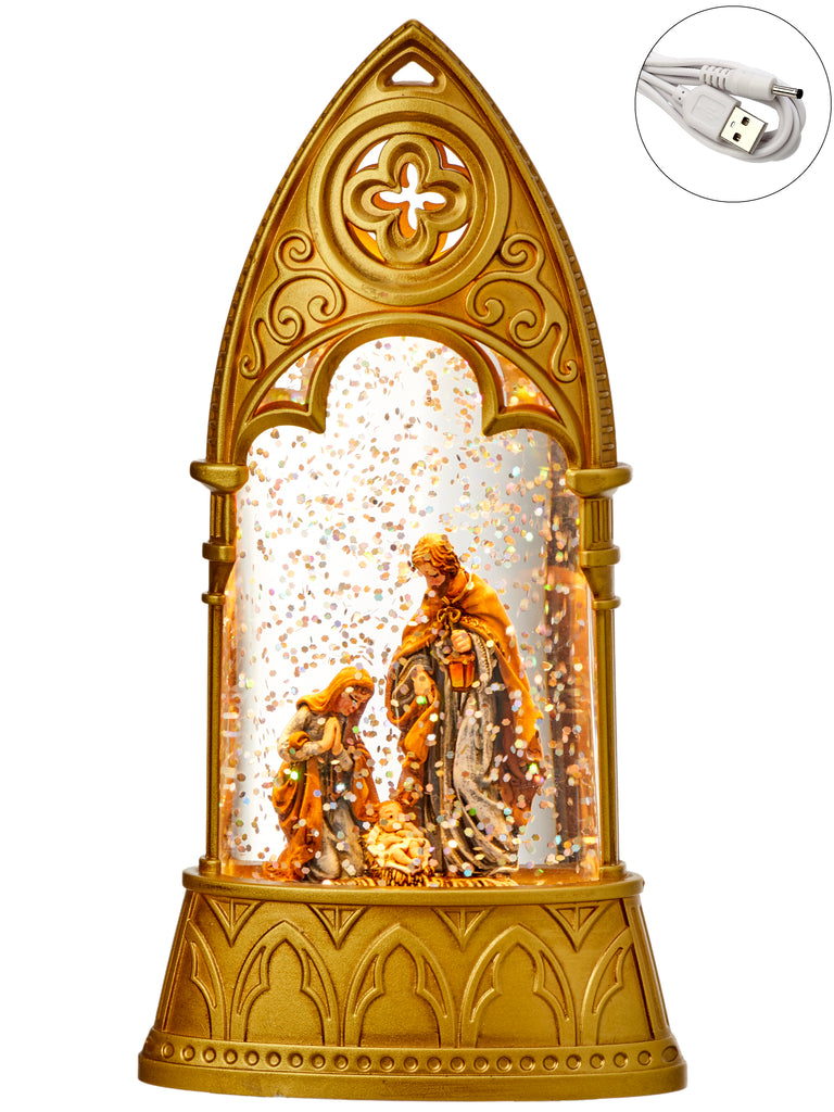 Gold Holy Family Christmas Lighted Snow Globe, 6.25 Inches High, Battery Operated with Timer - Mary, Joseph and Baby Jesus, Non-Moving Traditional Snow Globe Lighted