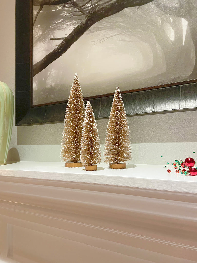 Christmas Bottle Brush Trees Set of 3 in Sparkling Gold with Snowy White Tips, 15 Inches,12 Inches and 9 Inches High on Wood Bases