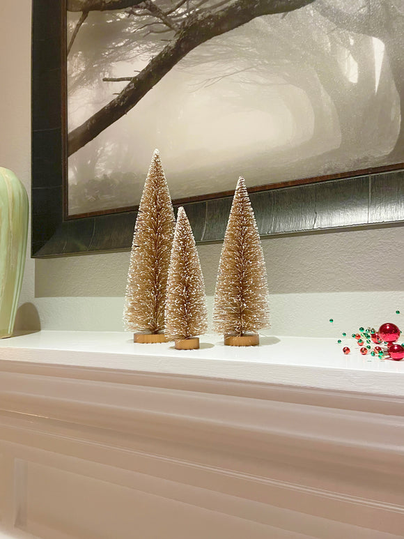 Christmas Bottle Brush Trees Set of 3 in Sparkling Gold with Snowy White Tips, 15 Inches,12 Inches and 9 Inches High on Wood Bases