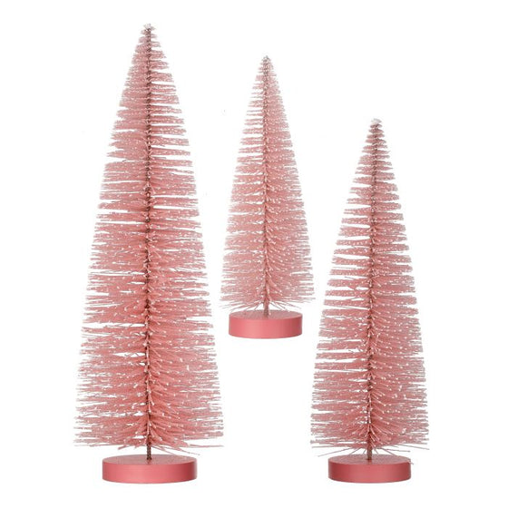 Christmas Bottle Brush Trees Set of 3 in Sparkling Pink with Snowy White Tips, 15 Inches,12 Inches and 9 Inches High on Wood Bases