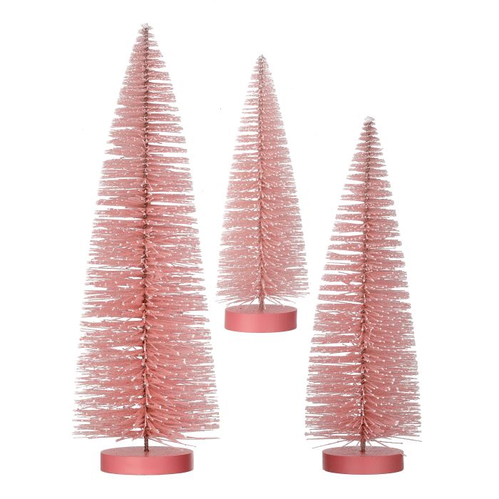 Christmas Bottle Brush Trees Set of 3 in Sparkling Pink with Snowy White Tips, 15 Inches,12 Inches and 9 Inches High on Wood Bases