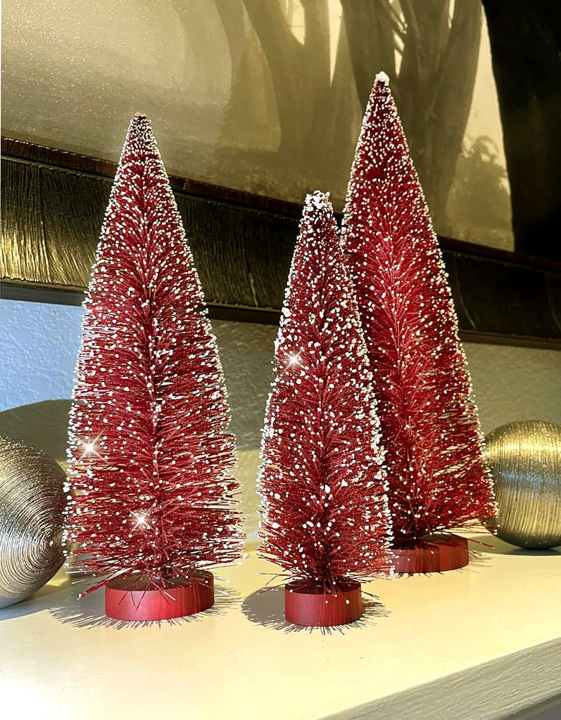 Christmas Bottle Brush Trees Set of 3 in Sparkling Red with Snowy White Tips, 15 Inches,12 Inches and 9 Inches High on Wood Bases