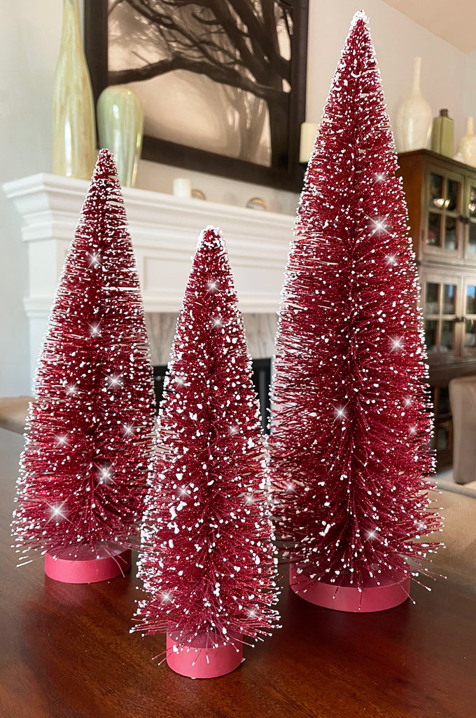 Christmas Bottle Brush Trees Set of 3 in Sparkling Red with Snowy White Tips, 15 Inches,12 Inches and 9 Inches High on Wood Bases