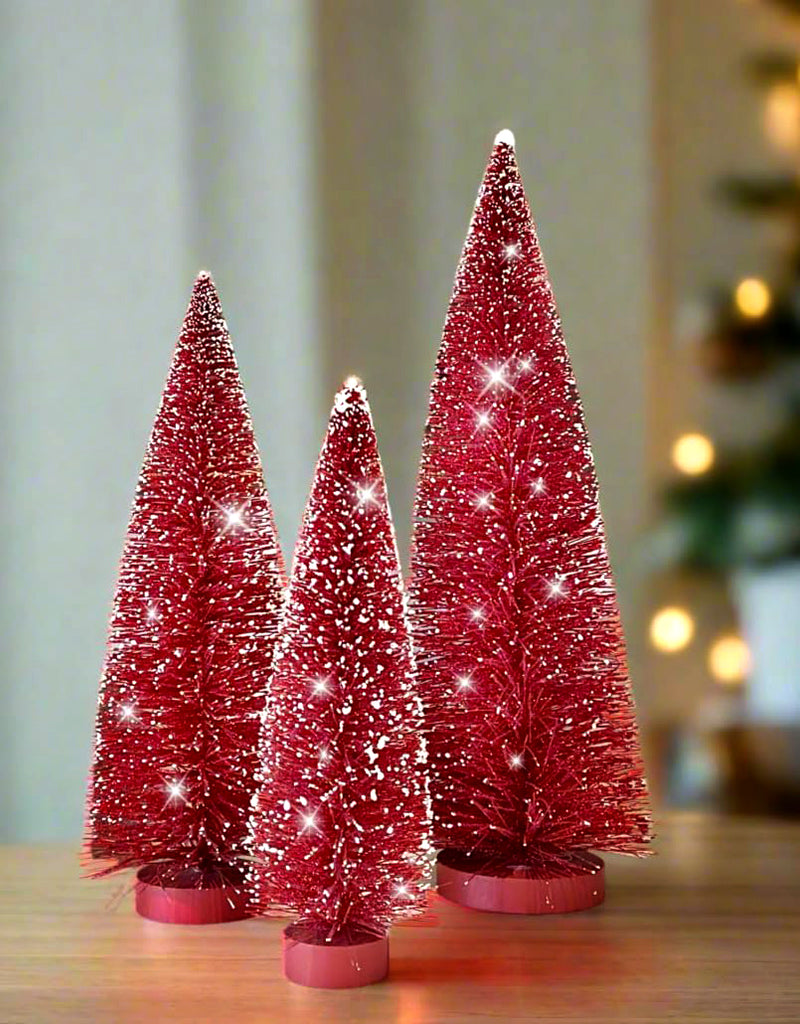 Christmas Bottle Brush Trees Set of 3 in Sparkling Red with Snowy White Tips, 15 Inches,12 Inches and 9 Inches High on Wood Bases