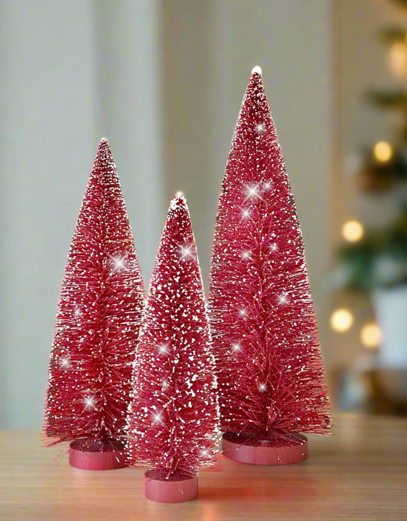 Christmas Bottle Brush Trees Set of 3 in Sparkling Red with Snowy White Tips, 15 Inches,12 Inches and 9 Inches High on Wood Bases