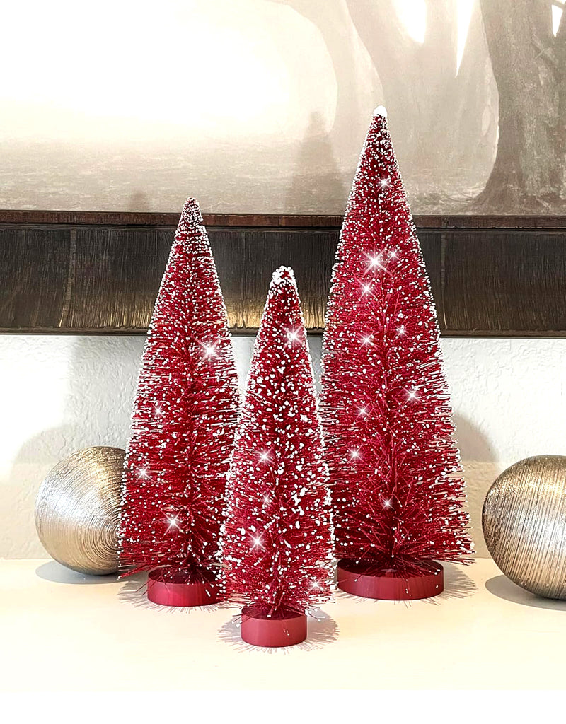 Christmas Bottle Brush Trees Set of 3 in Sparkling Red with Snowy White Tips, 15 Inches,12 Inches and 9 Inches High on Wood Bases
