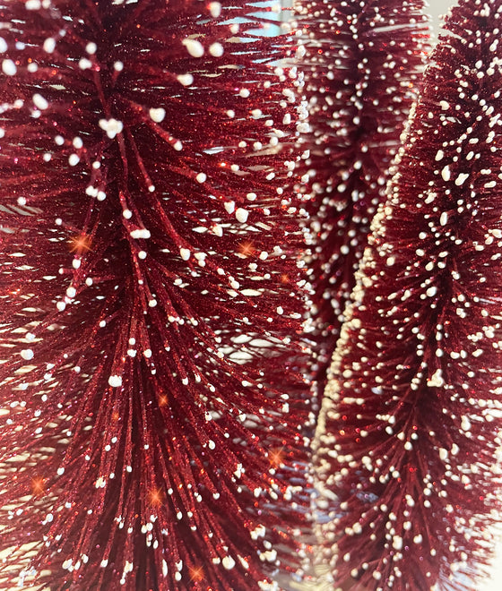 Christmas Bottle Brush Trees Set of 3 in Sparkling Red with Snowy White Tips, 15 Inches,12 Inches and 9 Inches High on Wood Bases