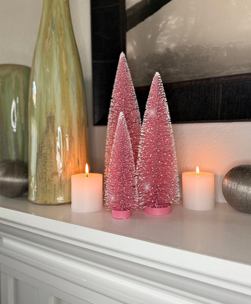 Christmas Bottle Brush Trees Set of 3 in Sparkling Pink with Snowy White Tips, 15 Inches,12 Inches and 9 Inches High on Wood Bases
