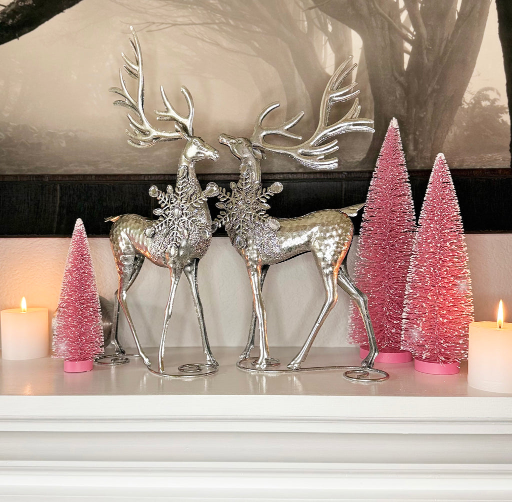 Christmas Bottle Brush Trees Set of 3 in Sparkling Pink with Snowy White Tips, 15 Inches,12 Inches and 9 Inches High on Wood Bases