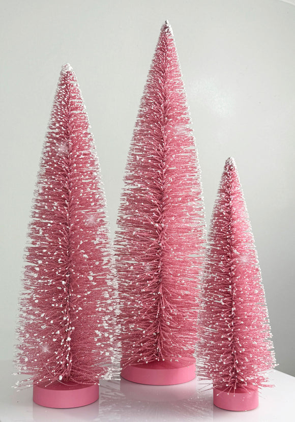 Christmas Bottle Brush Trees Set of 3 in Sparkling Pink with Snowy White Tips, 15 Inches,12 Inches and 9 Inches High on Wood Bases